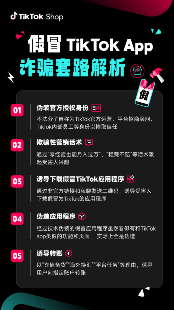 TikTok Shop发布年度反诈提示:两类冒名骗局高发,已封堵仿冒域名3.9万个 TikTok Shop发布年度反诈提示:两类冒名骗局高发,已封堵仿冒域名3.9万个